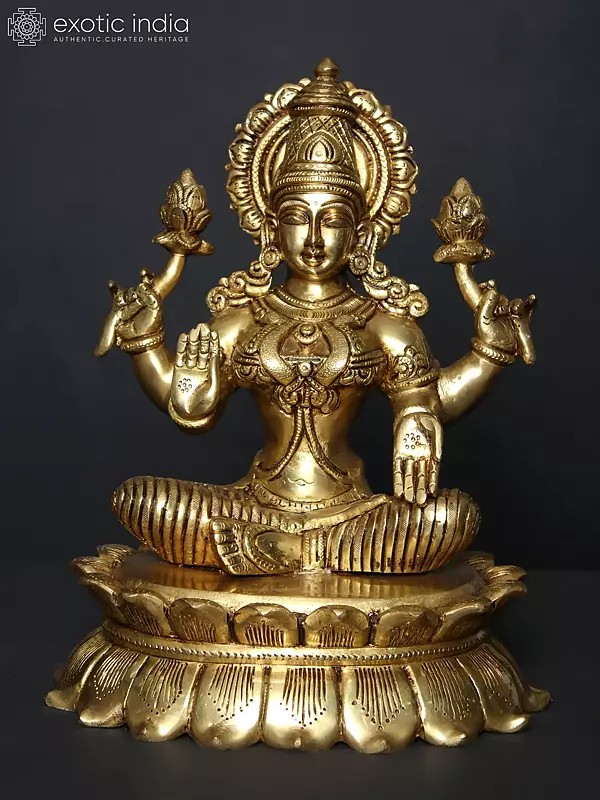 11" Four-Armed Devi Lakshmi Idol Seated on Lotus | Brass Statue