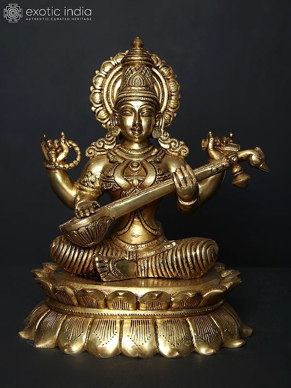 11" Devi Saraswati Idol Seated on Lotus | Brass Statue