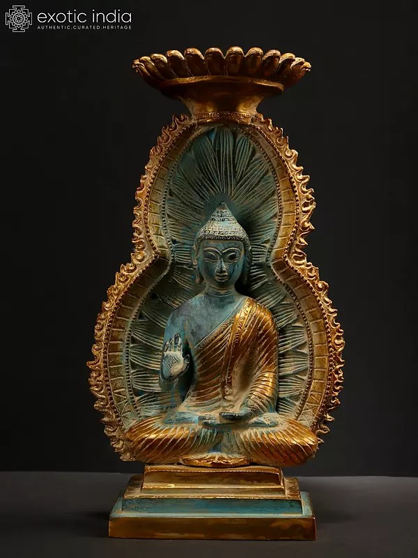 11" Blessing Buddha Idol Seated on Throne | Brass Statue