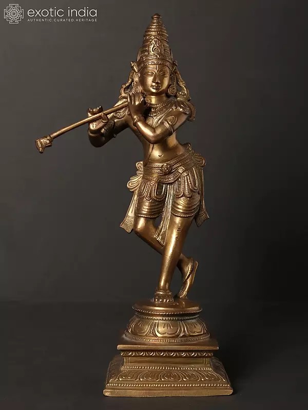 11" Lord Krishna Playing Flute | Hoysala Art | Bronze Statue