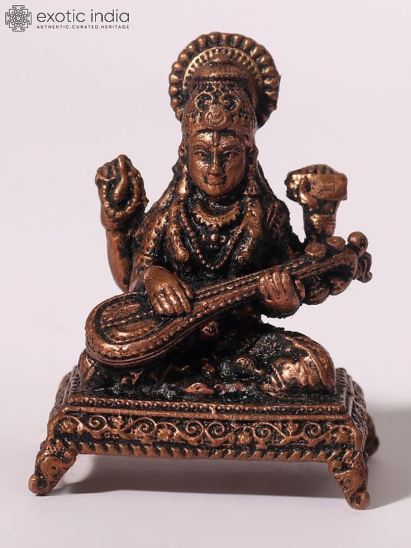 2" Devi Saraswati Idol Seated on Pedestal | Copper Statue