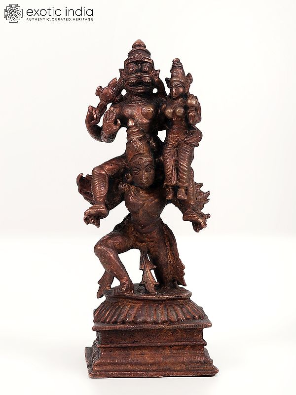 5" Small Lakshmi - Narasimha Seated on Garuda | Copper Statue