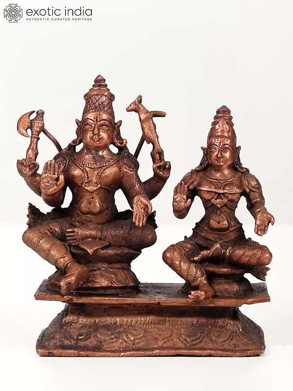4" Shiva Parvati Copper Statue Seated Together