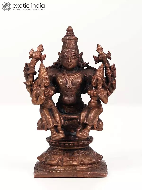 4" Small Lord Vishnu with His Consorts Sridevi and Bhudevi | Copper Statue