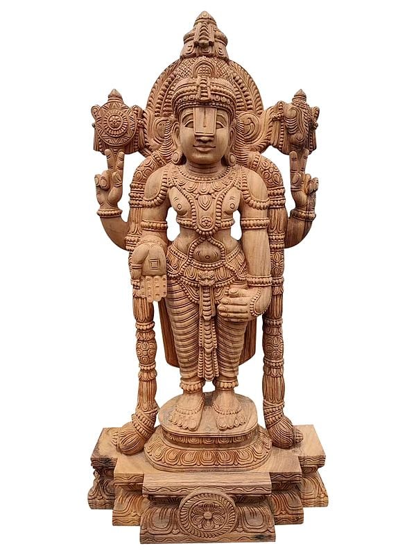 42" Wood Large Idol Of Chaturbhuj Kalyan Balaji With Vaishnava Symbols