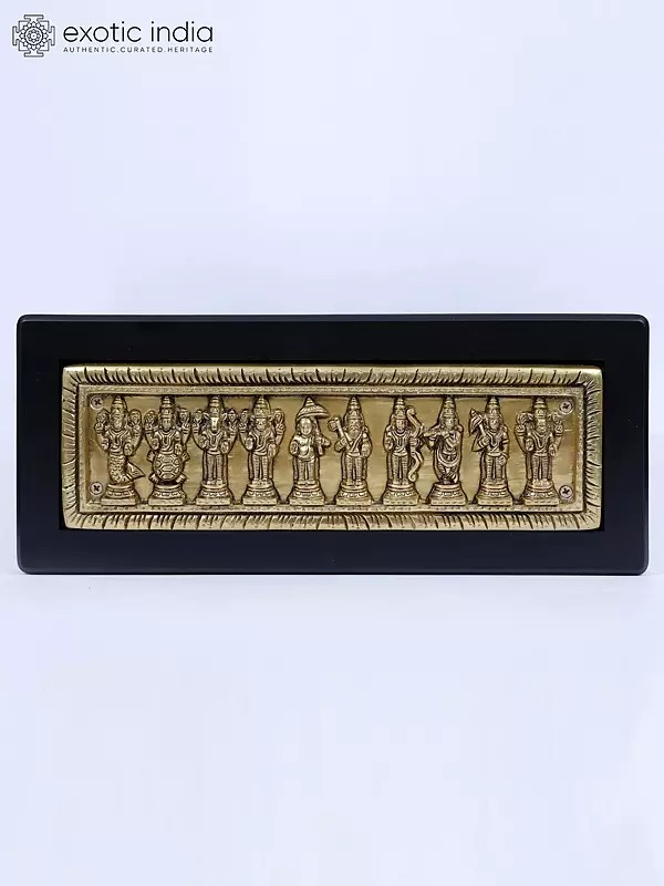 16" Wood Framed Dashavatara of Lord Vishnu in Brass | Wall Hanging