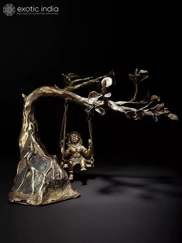 12" Bal Krishna Idol on Swing | Brass and Stone Sculpture