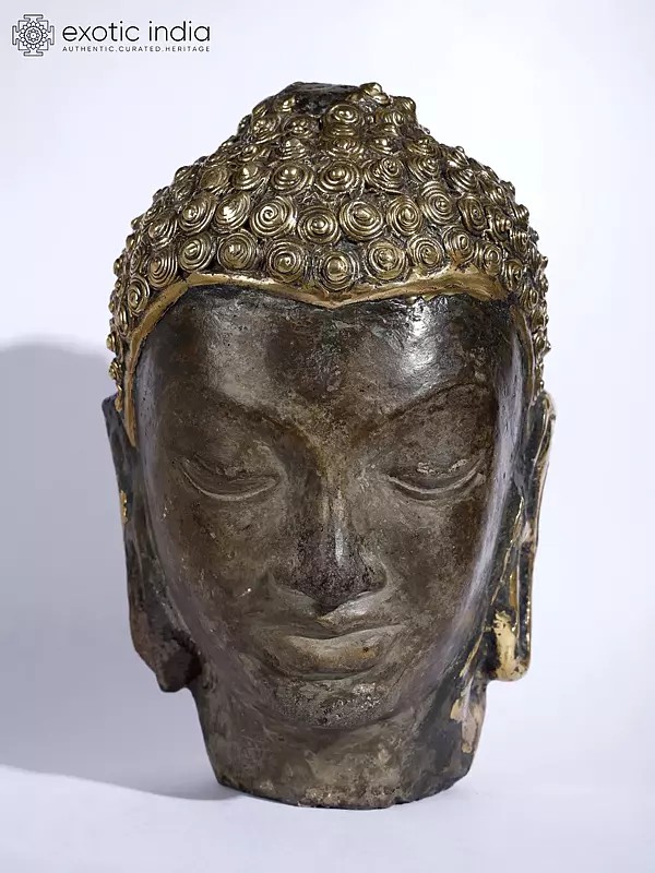 9" Buddha Head Brass and Stone Sculpture
