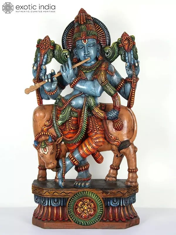 36" Large Colorful Venugopal Krishna | Wood Carved Statue