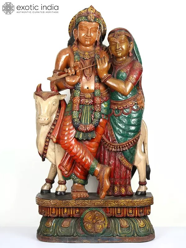 48" Large Standing Radha Krishna with Cow | Colorful Wood Carved Statue