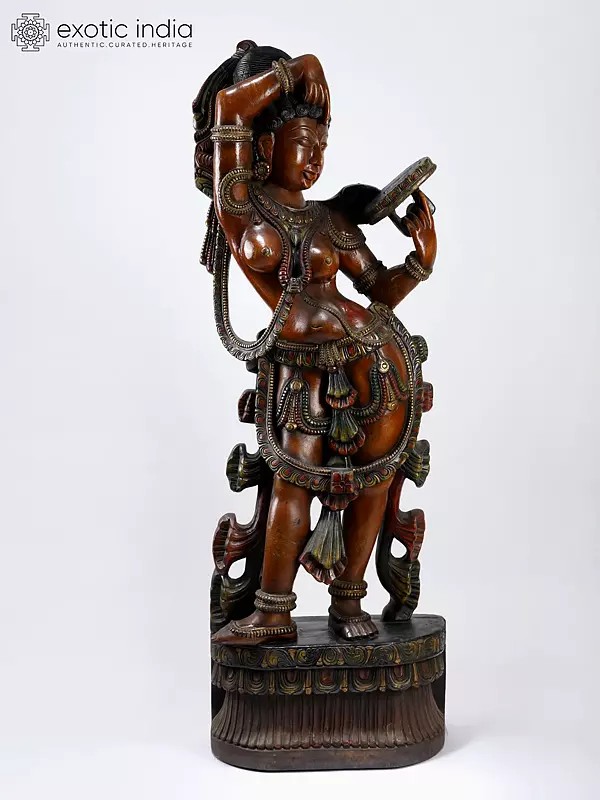 60" Large Size Apsara Applying Vermillion | Wood Carved Statue