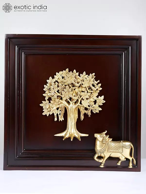 16" Brass Kamadhenu Cow Under The Kalpavriksh Tree | Wood Framed | Wall Hanging