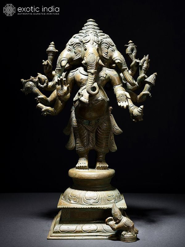 16" Standing Ten Armed Panchamukhi Lord Ganesha | Bronze Statue