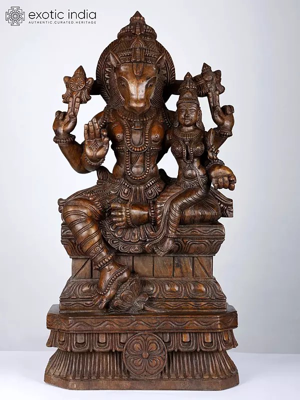 36" Large Lord Hayagriva with Devi Lakshmi | Wood Carved Statue