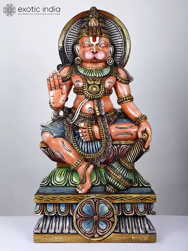36" Large Colorful Blessing Lord Hanuman | Wood Carved Statue