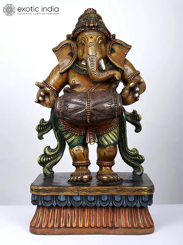 30" Musical Ganesha Playing Drum | Wood Carved Statue