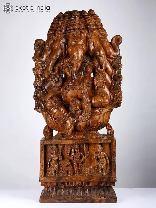46" Large Ten Armed Panchamukhi Lord Ganesha | Wood Carved Statue