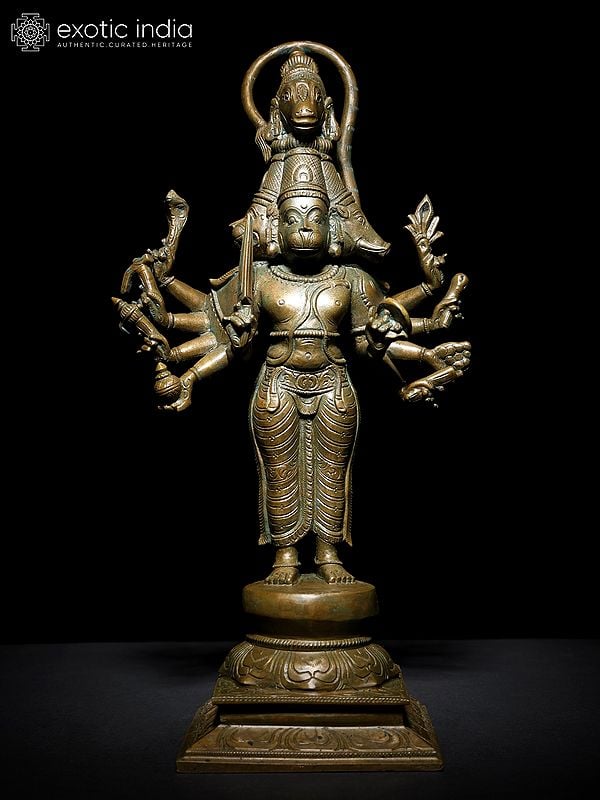 14" Ten Armed Standing Panchamukhi Lord Hanuman | Bronze Statue