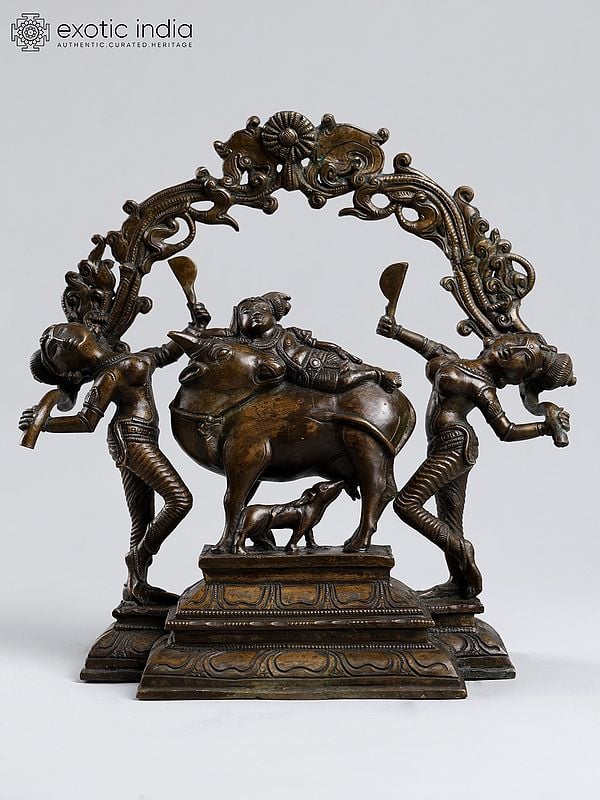 11" Lord Krishna on Cow with Gopis | Bronze Statue