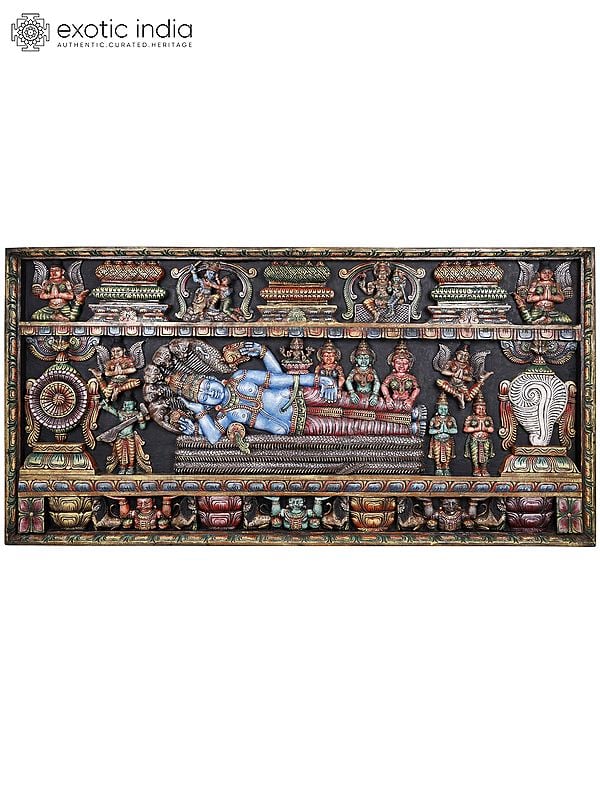 72" Large Padmanabha Swamy (Lord Vishnu) | Wood Carved Colorful Panel