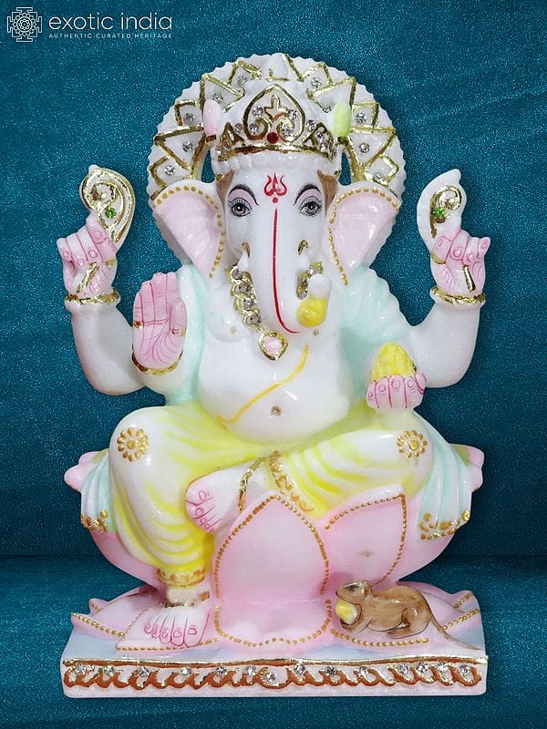 9" Lord Ganapati With Modak | Handmade | Marble Statue