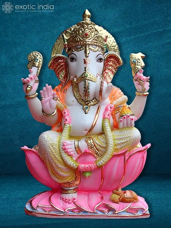 18" Lord Ganesha With Beautiful Garland | Marble Sculpture