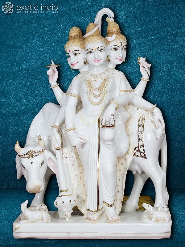 36" Large Three-Headed Divine Dattatreya | Hand Carved Statue