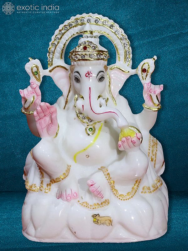 8" White-Golden Lord Ganesha Statue | White Makrana Marble Statue