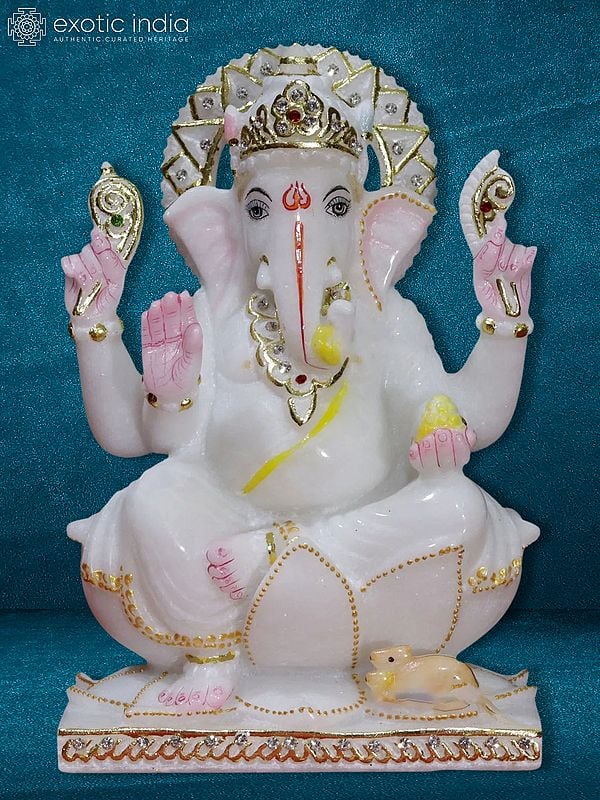 9" Ganesh Pure White Marble Statue In Marble | Makrana Marble Statue