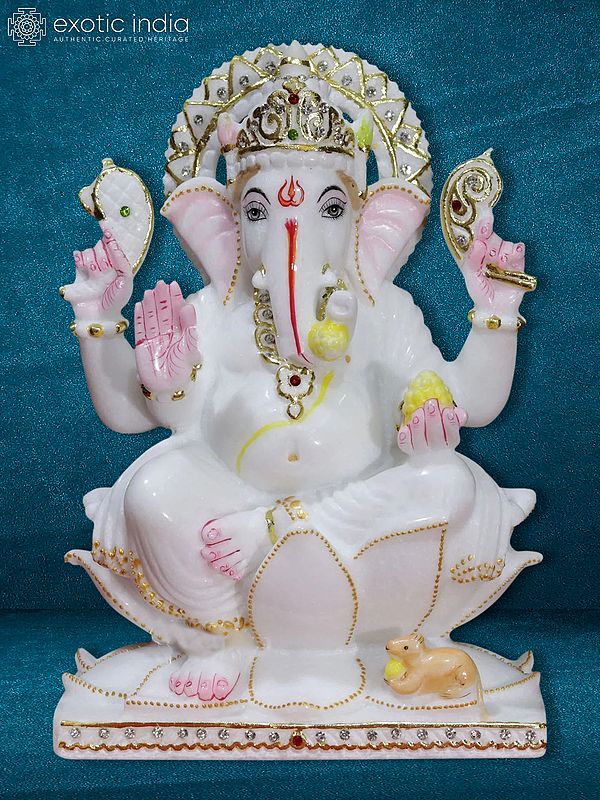 10" Multicolor Lord Ganesha Marble Statue | Makrana Marble Statue