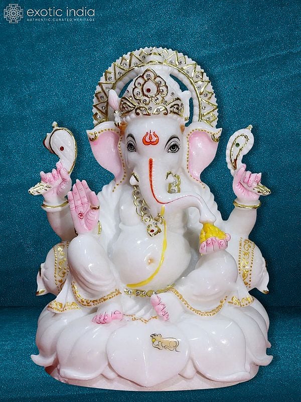 12" The Hindu God Ganesha Sculpture In Marble| White Makrana Marble Statue