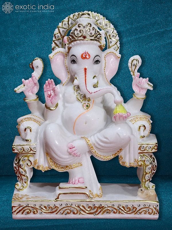 12" Ganesh Statue For Home | White Makrana Marble Statue