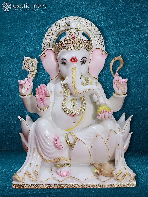 18" Chaturbhuja Lord Ganesha On Lotus Throne | Makrana Marble Idol