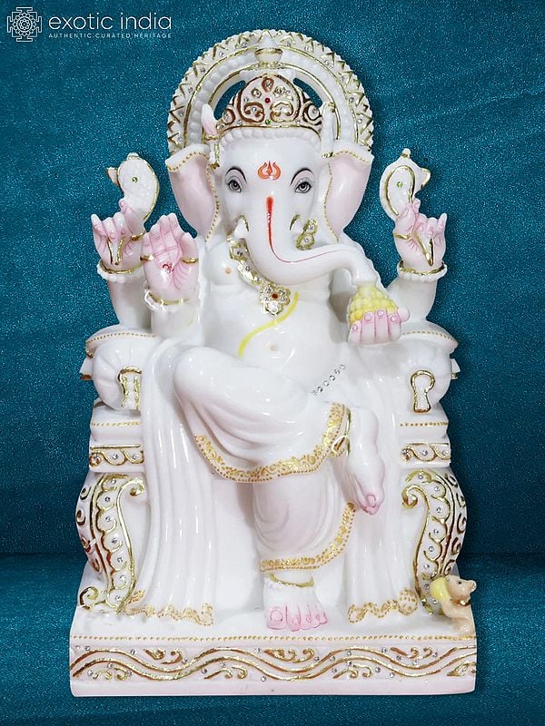 18" Lord Ganesha In Blessing Mudra | White Marble Statue