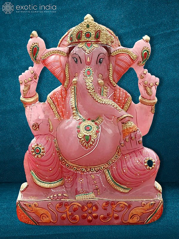 10" Vighnaharta Ganesha Idol With Embossed Work | Natural Pink Rose Quarts