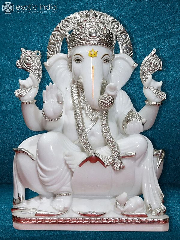 24" Vinayak Ganesha With Beautiful Crown | Vietnam Marble Idol