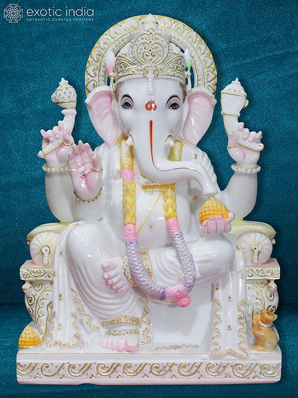 30" Lord Ganesha Statue With Mushaka | White Makrana Marble