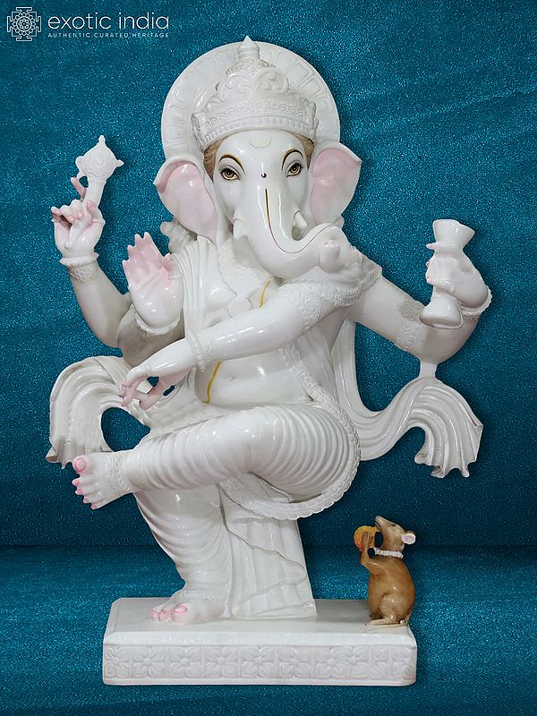 36" Large Lord Ganapati In Dancing Mudra | White Vietnam Marble Idol