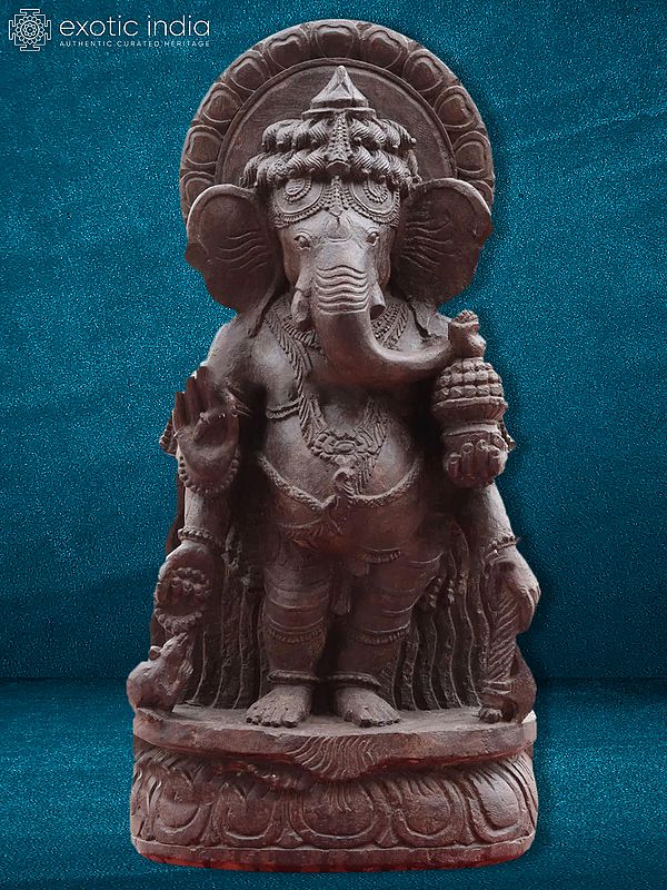 30" Standing Ganapati On Lotus Pedestal | Sand Stone Figurine