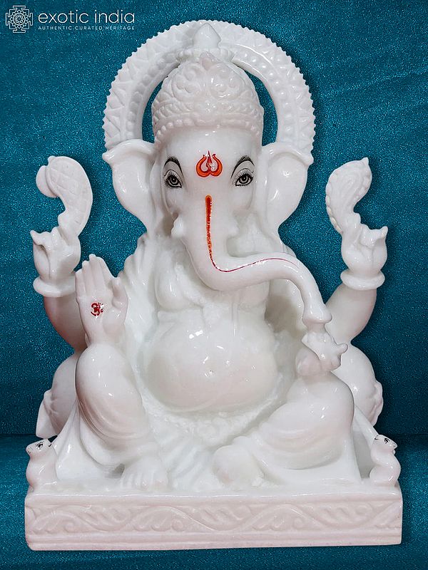 12" Lord Ganesha With Trident Tilak | Attractive Makrana Mable Statue