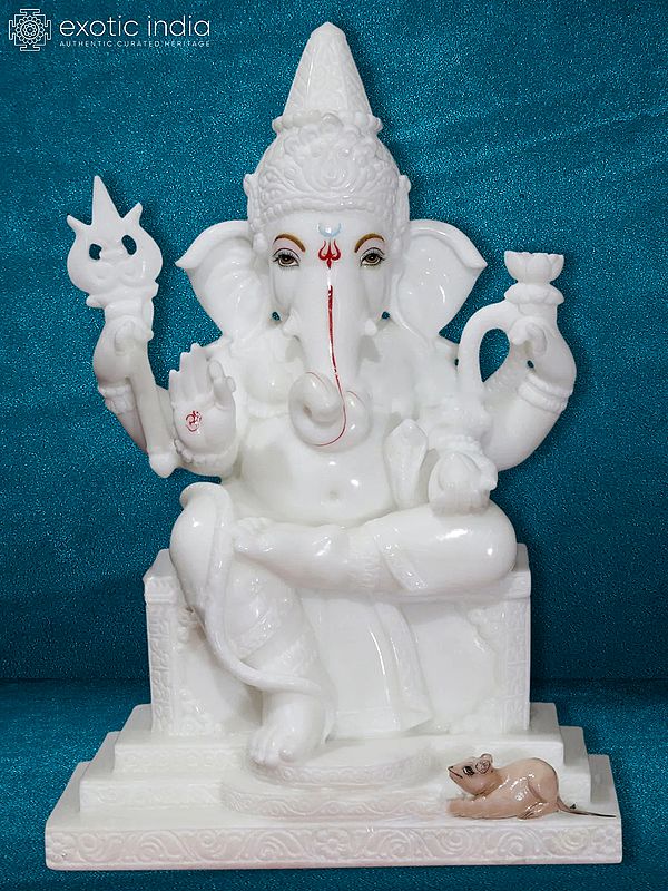 18" Seated Lord Ganesha With Trident | Vietnam Marble Figurine