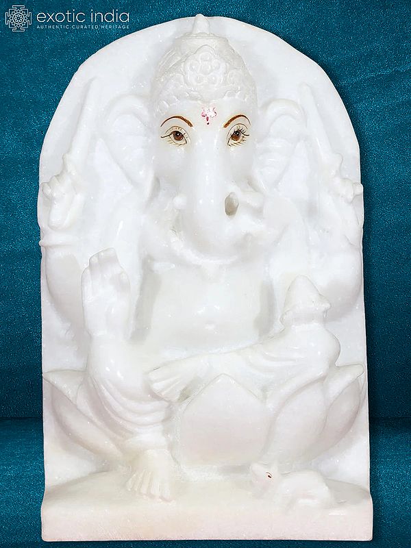 12" Seated Ganesha On Kamalasana | White Makrana Marble Panel