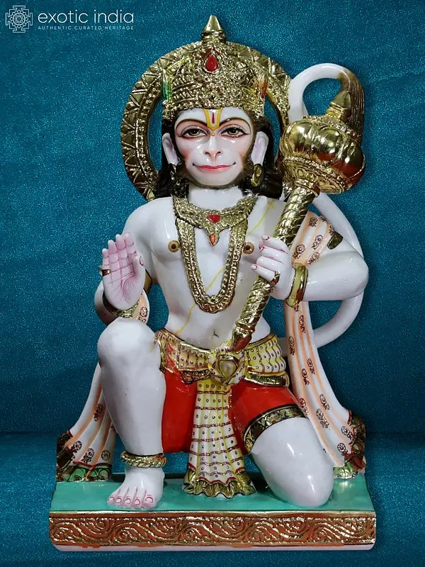 30" Colorful Lord Hanuman Statue | White Makrana Marble