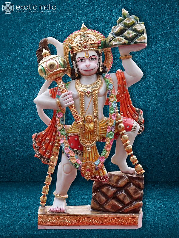 36" Large Idol Of Lord Hanuman Holding Mountain | White Makrana Marble