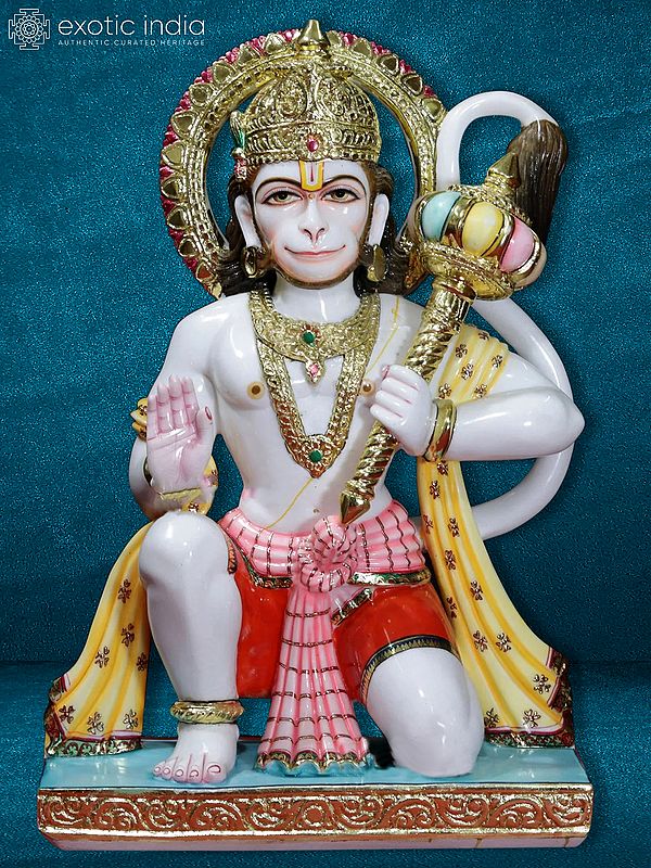 36" Large Seated Lord Hanuman With Mace | White Makrana Marble Idol