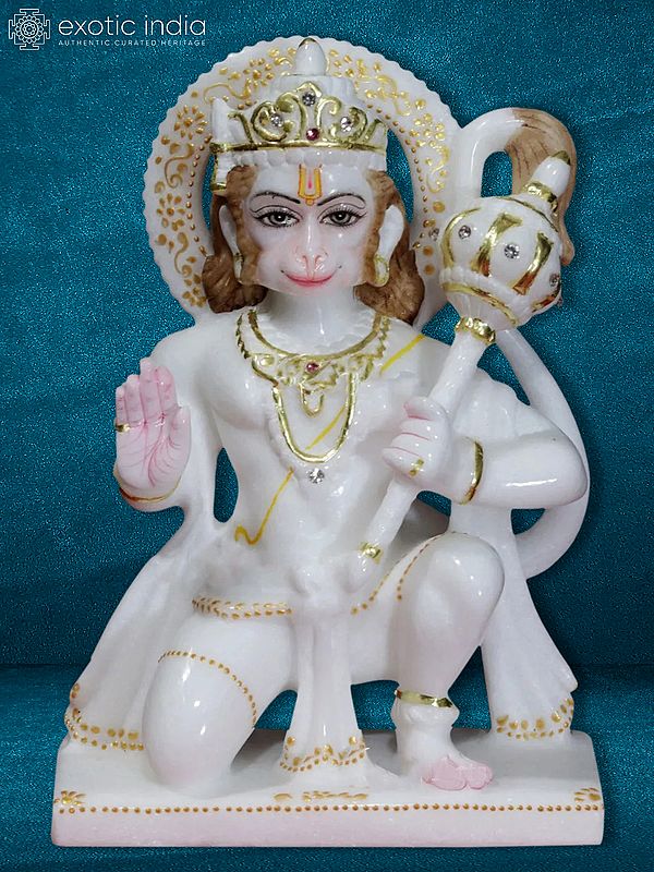 9" Lord Hanuman In Ashirwad Mudra | White Makrana Marble Statue