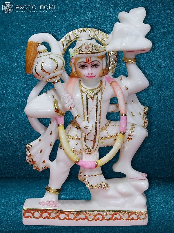 10" Blessing Lord Hanuman With A Mace (Gada) | White Makrana Marble
