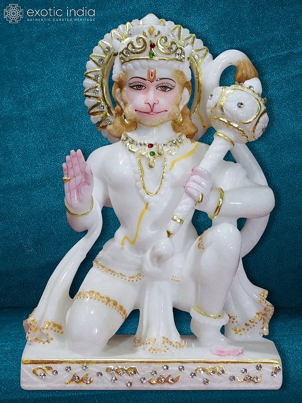10" Hand Carved Lord Hanuman Figurine | White Makrana Marble