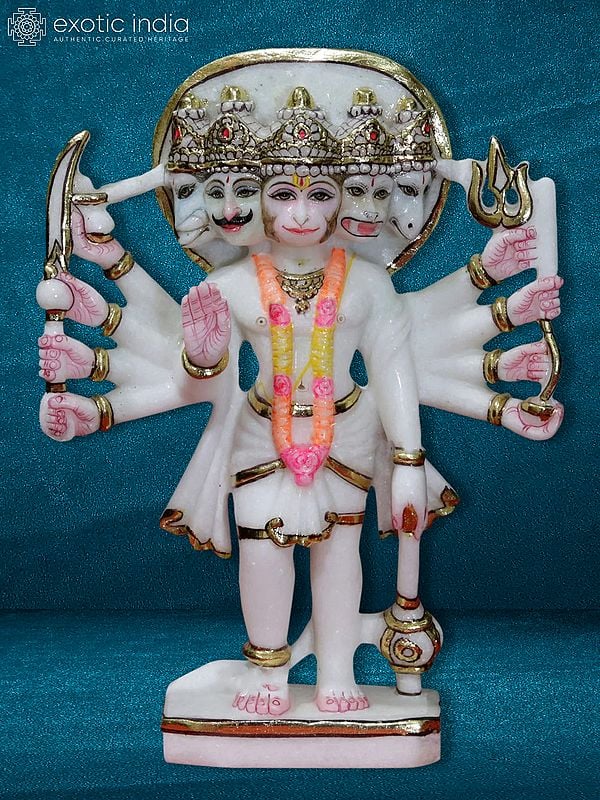 12" Standing Panchamukhi Lord Hanuman Idol | White Makrana Marble