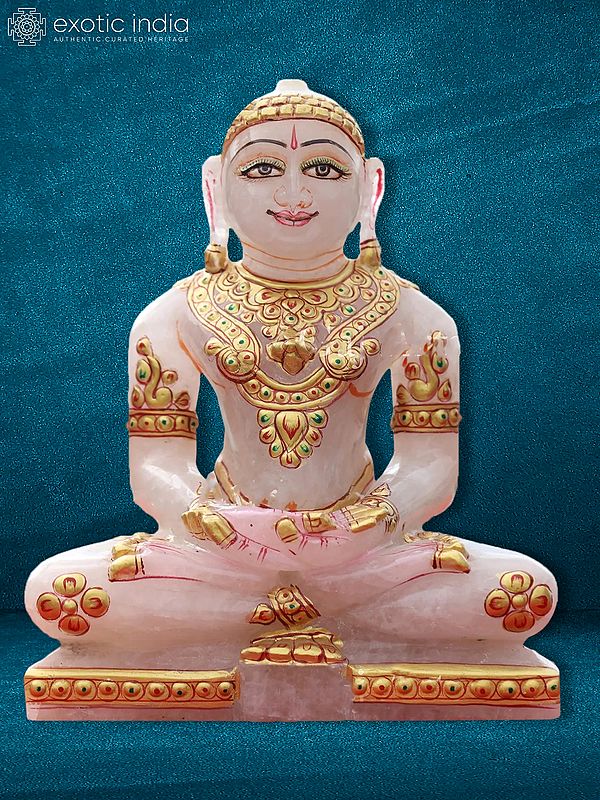 7" Divine Mahavir Jain Statue Decorated With Gold Ornaments